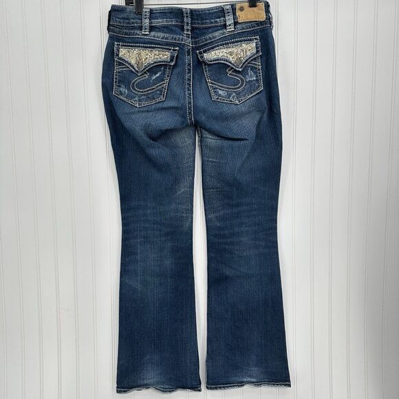 Silver Jeans Womens 30 Suki Boot Surplus Blue Bootcut Denim Western Gold Sequins - Picture 2 of 15
